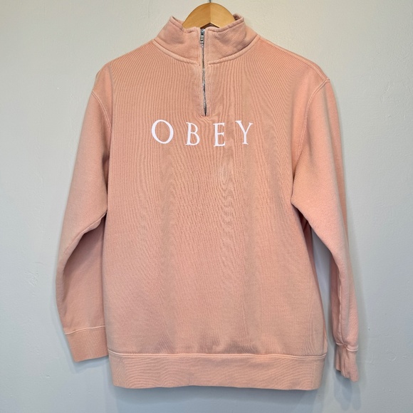 OBEY Mock Neck Dusty Pigment Henley Zip Dual Side Pockets Long Sleeve Sweatshirt - Picture 3 of 12